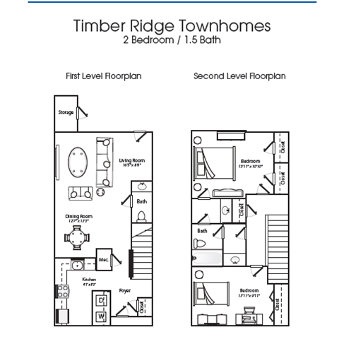 Floor plan for 2 beds, 1.5 baths, 1156 sqft